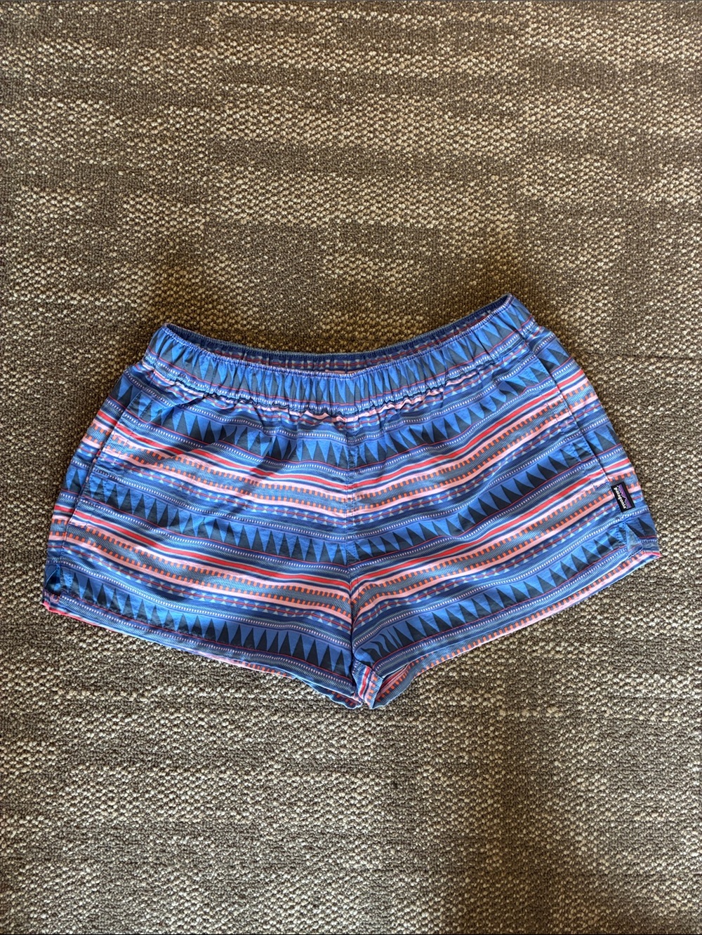 Patagonia Blue and Coral Aztec-Print Athletic Shorts